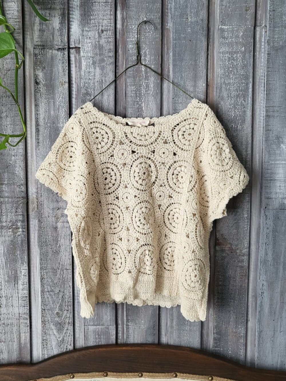 Vintage Solitaire Crochet Knit Crop Top Boho Festival Cream Large Viscose Coton